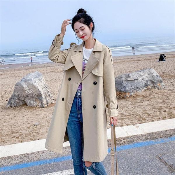 

women's trench coats women casual long coat with sashes double breasted windbreaker 2021 chic office ladies outerwear, Tan;black