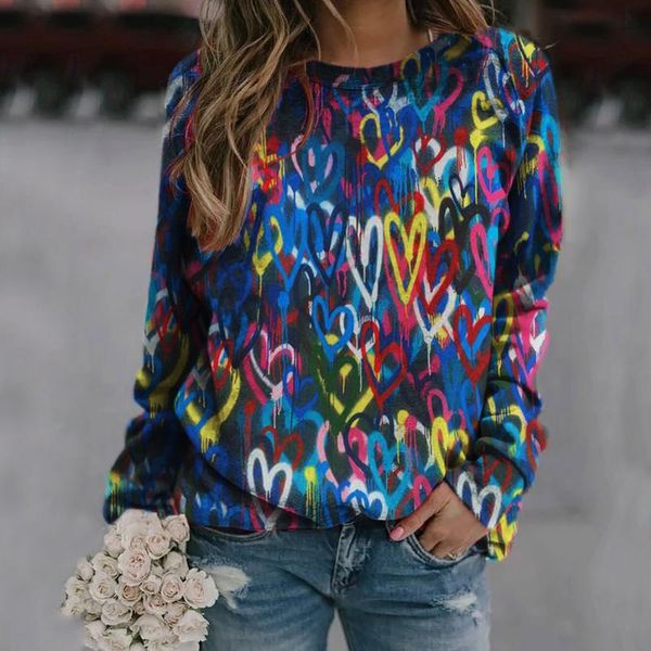 

women's t-shirt multicolor heart-shaped print women tshirt colorful graphic long sleeve tee valentines day ladies tshirts t shirts, White