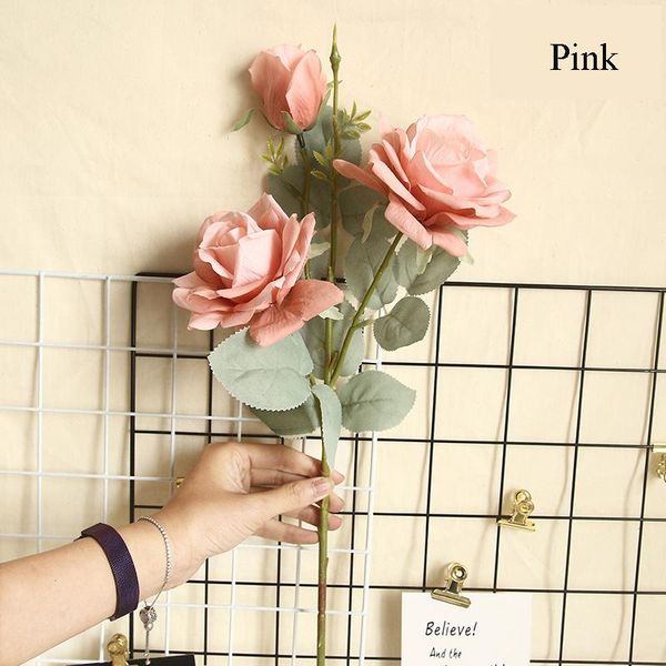 

5pcs/lot 3heads rose artificial flower decoration home wedding hand holding bouquet silk wreath fake roses decorative flowers & wreaths