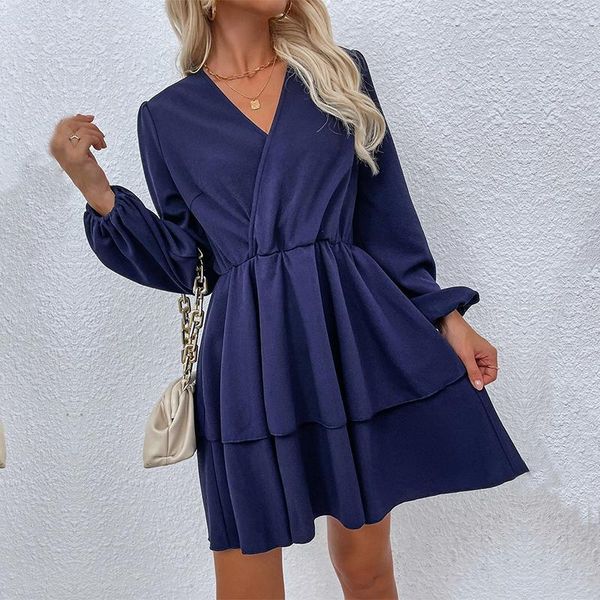 

casual dresses women's high waist dress v neck long sleeve spring autumn ladies a line fashion solid fold for female, Black;gray