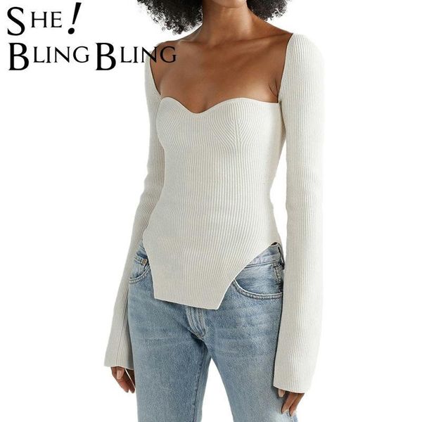 

long sleeve square neck vintage knitted sweater women irregular solid pullovers jumper outwear clothing 210523, White;black