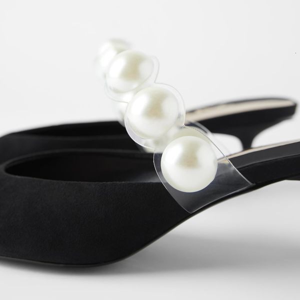 

slippers lmcavasun new pearl pointed toe women mules thin heel slip on outside slippers 83pc, Black