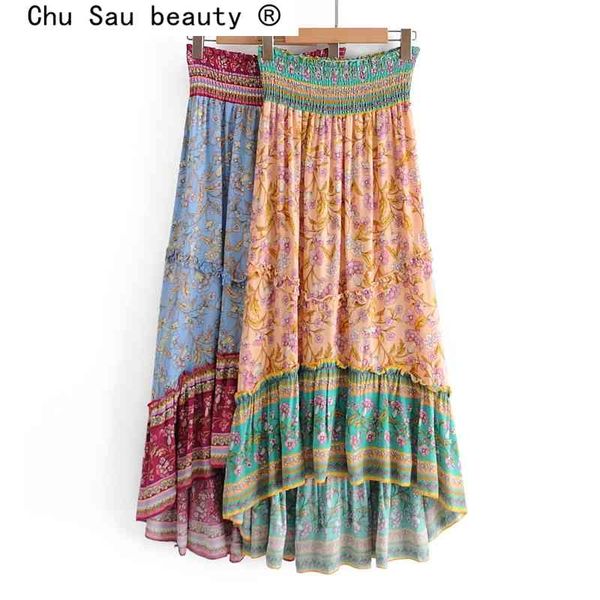 Boho старинные шикарные цветочные принты длинные юбка женские летние праздник стиль эластичная талия свободные хлопковые юбки женские фалда де мода 210508