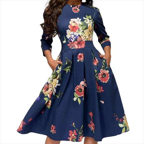 

plus size wome fashion women dress floral print 3 4 sleeve round neck a-line slim ruched summer wedding party, Black;gray