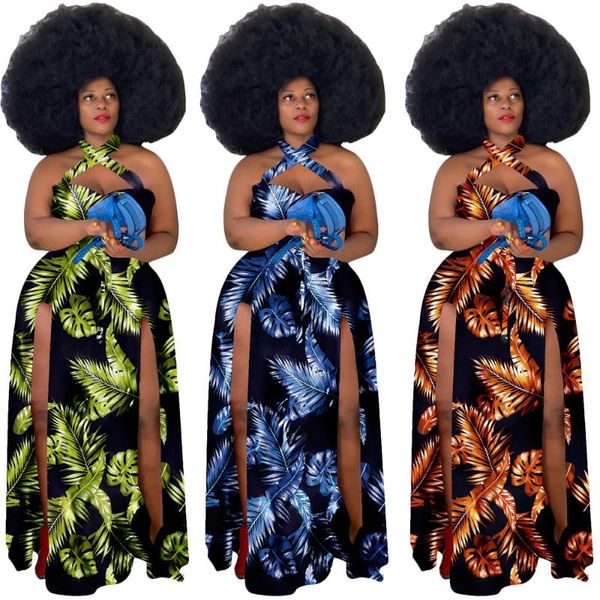 

casual dresses cutubly sleeveless party dress plus size xl-5xl cross halter slit hollow out digital leaf print long for women, Black;gray