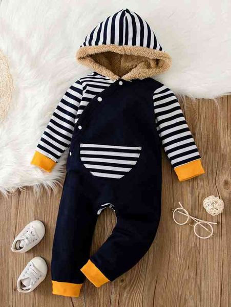 

baby striped patched pocket hooded thermal jumpsuit she, Blue