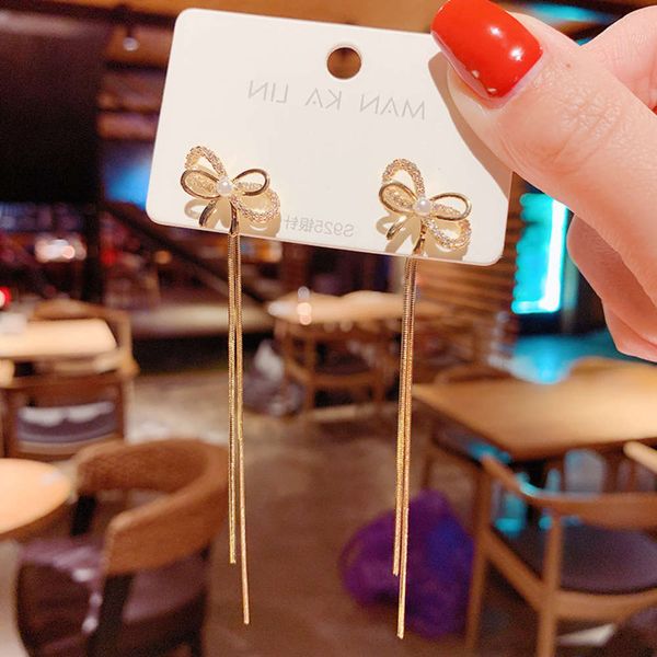 

earrings korean 925 silver needle bowknot pearl long tassel earrings for women in duplicate, Golden