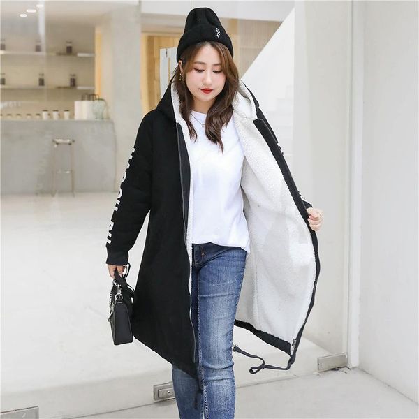 

women's jackets winter fleece coats extra plus size korean style women velvet thick printing hooded letter long sleeve casual, Black;brown