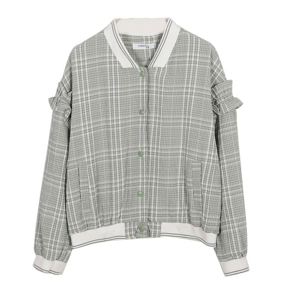 

women white green plaid sport bomber jacket ruffle button casual c0158 210514, Black;brown