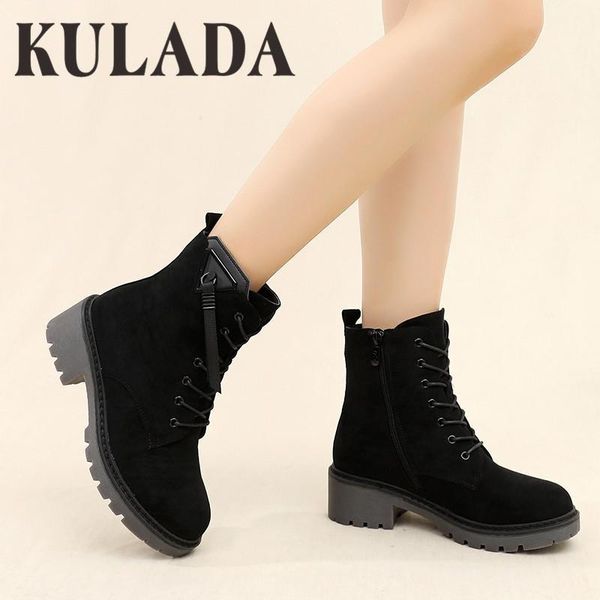 

boots kulada winter army punk goth women biker suede warm side zipper female shoes 334a, Black