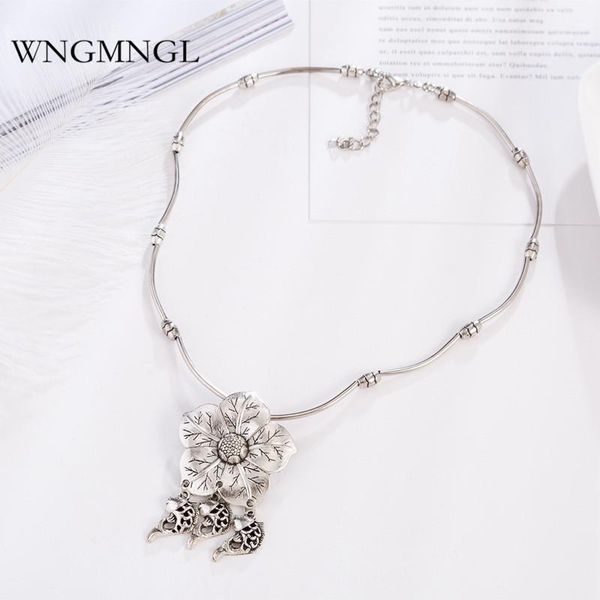 

pendant necklaces wngmngl 2021 vintage enthic antique sliver color flower fish necklace for women sweater fashion jewelry pendanties, Silver