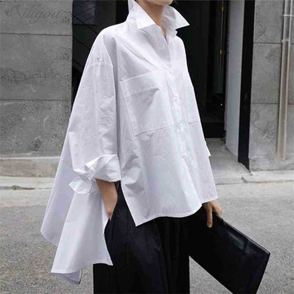 

spring autumn lapel long sleeve white back loose big size irregular shirt women blouse fashion 210525