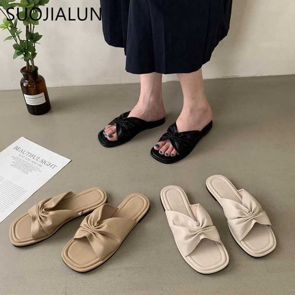 

suojialun fashion women slipper flat heel pleated sandal shoes summer vacation beach slides ladies casual flip flops 210630, Black