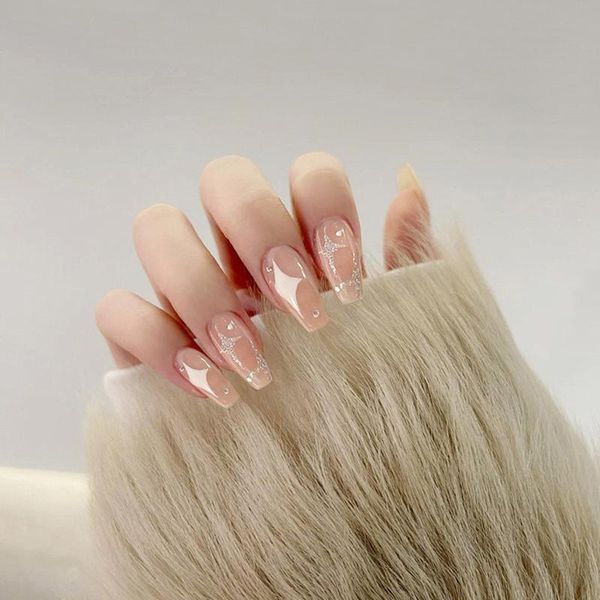 

false nails 24pcs/box rhinestone artificial manicure tool full cover fake star ballerina nail tips wearable, Red;gold