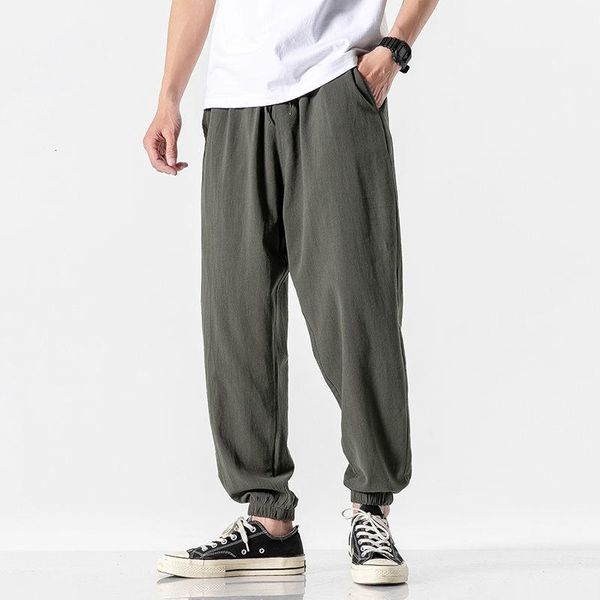 

men's pants cotton linen man's 2021 men solid color casual harem baggy male clothing, Black