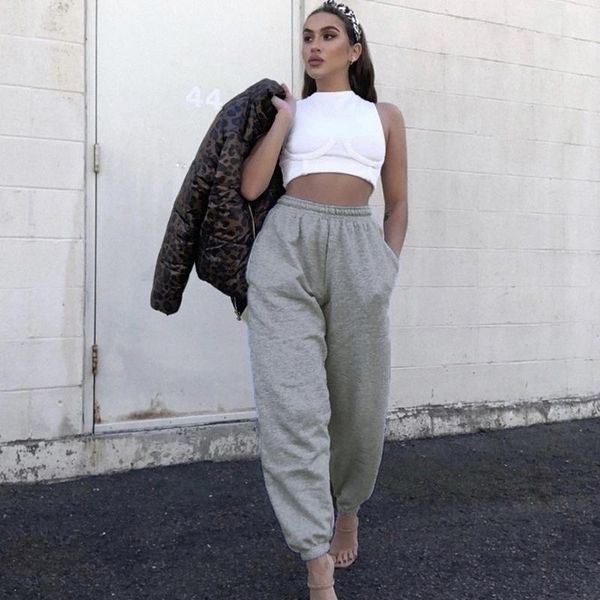 

women's pants & capris autumn winter 100 cotton casual loose sweatpants trousers solid elastic high waist sports workout bottom, Black;white