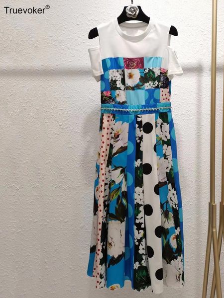 

casual dresses truevoker 2021 runway print t-shirt patchwork mid calf length dress women short sleeve colourful flower diamond beach robe, Black;gray