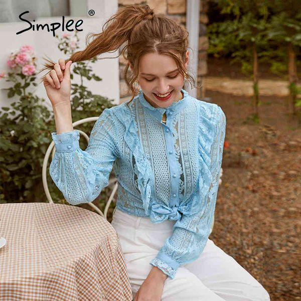 

stand collar lace women long sleeve hollow out ruffle female blouse high street style ladies shirt 210414, White