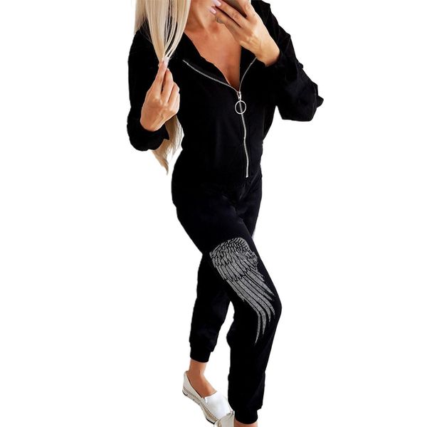 

wing printing fall back shoulder womens tracksuits sweatshirt and sweatpants set casual tracksuit fashion ladies slim streetwear, Gray