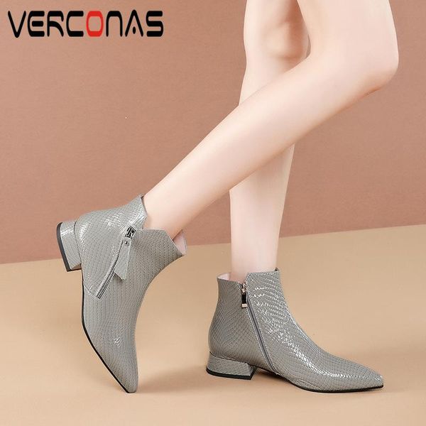 

boots verconas women ankle genuine leather autumn winter concise low heels elegant office lady casual zipper short woman, Black