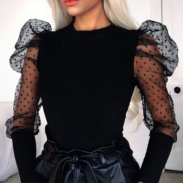 

Women's Jumpsuits & Rompers Women Polka Dot Sexy Lace Long Puff Sleeve Bodysuits O Neck Mesh See-through Patchwork Female Tops Lady She, Black;white