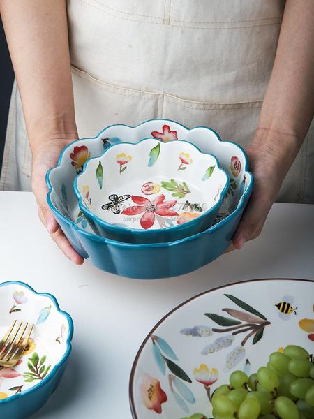 

bowls 6" 7" 8" europe stryle cute green plants chinese ceramic bowl tableware fruit rice dessert snack under glazed