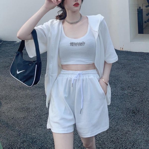 

summer ladies sportswear three piece set fashion hooded jacket + letter camisole casual sports drawstring shorts women's tracksuits, Gray