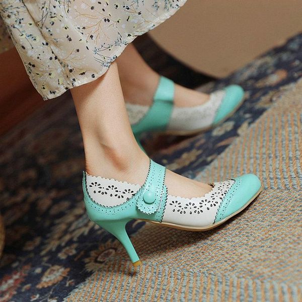 

dress shoes zawsthia retro round toe patchwork laser cutout floral border thin high heeled mary janes womens office lady pumps heels, Black