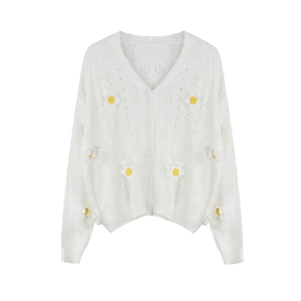 

women's knit cardigans hollow long sleeve v-neck floral embroidery thin cardigan woman wild sweater female pl062 210506, White