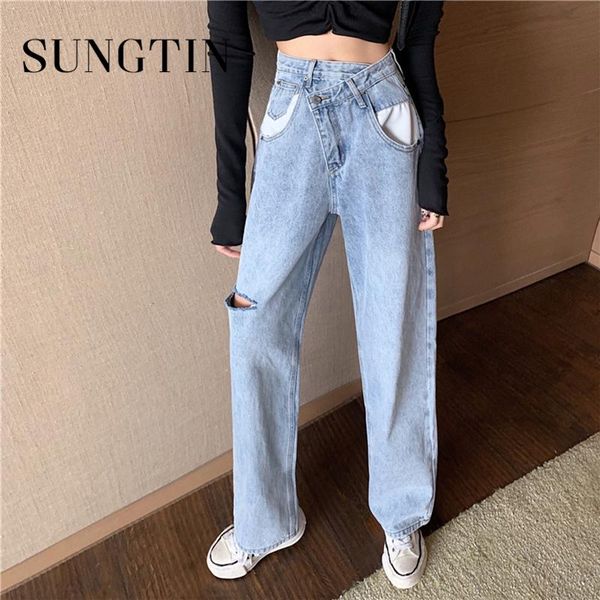 

sungtin high waist ripped wide leg jeans women loose asymmetry vintage denim pants hole straight trousers streetwear korea women's, Blue