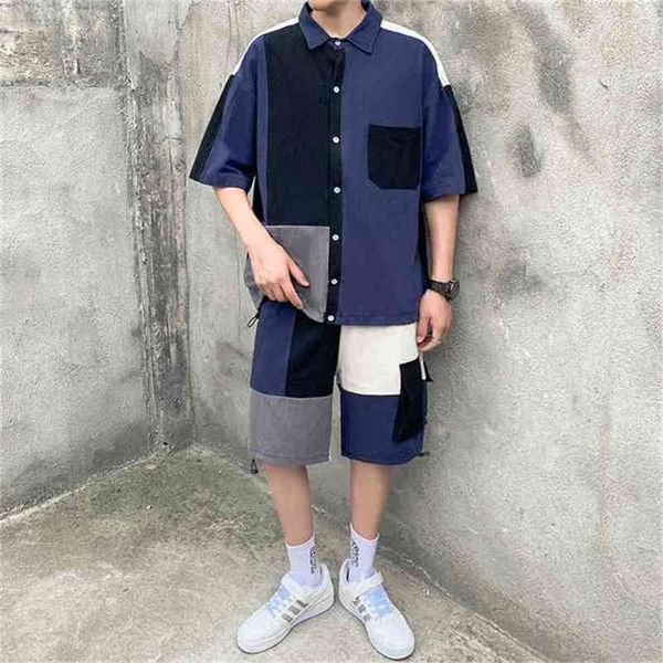 

men's set clothing shirt shorts suit patchwork pocket korean style summer oversize casual cotton short knee-length pants fashion 210806, Gray