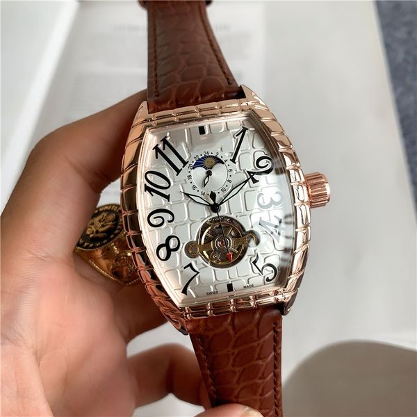 

mens hollow square automatic mechanical watch men's leather strap moon phase fashion watches tourbillon classic wristwatches, Slivery;brown