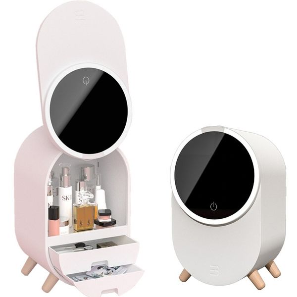 HD Mirror Trucco Makeup Case Case LED Rotate Gioielli Rack Cosmetici Organizzatore Cosmetico Skincare Rossetto Cassetto Desktop Scatola di immagazzinaggio cosmetico 210330