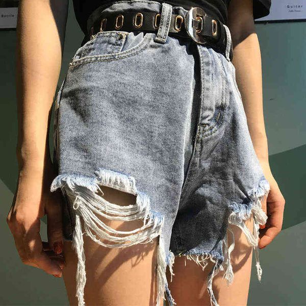 Frauen Hohe Taille Denim Shorts Ripped Hollow Out Loch Streetwear Plus Größe Schwarz Blau Jean Mode Sommer 211129
