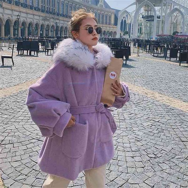 

winter thick warm woolen coats vintage blends cashmere coat casual female faux fur collar hooded outwears 210510, Black
