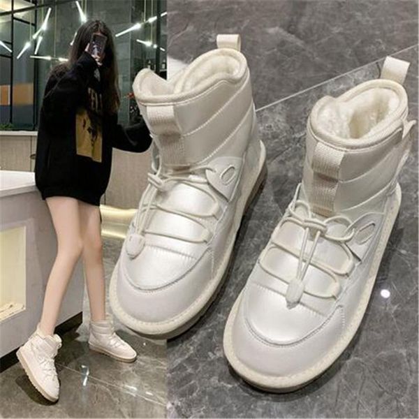 

boots winter women's flats shoes plush snow 2021 fashion thick waterproof cold-proof warm lacing cotton ankle high, Black