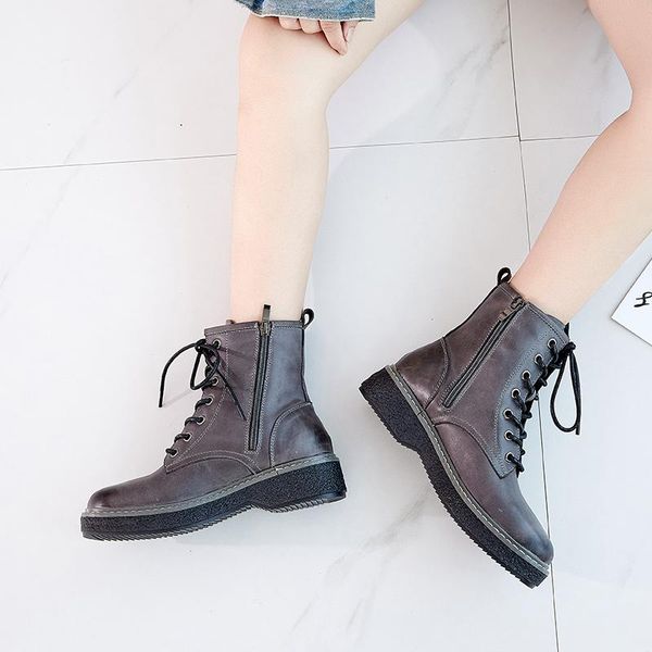 

boots tilocow women genuine leather lace-up ankle flat with short plush platform shoes ladies round toe tooling, Black