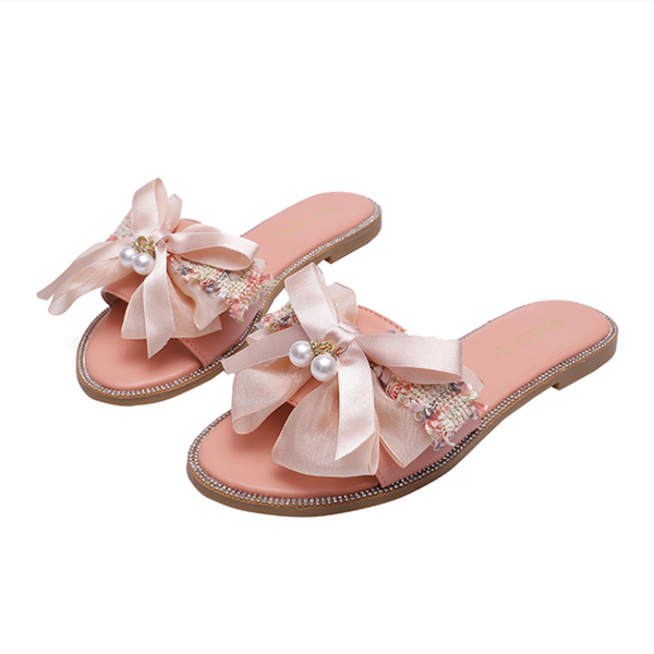 

pearl decoration bow-tie cute slippers for women summer casual home outside beach slide shoes fancy wholesale sandals slip on, Black