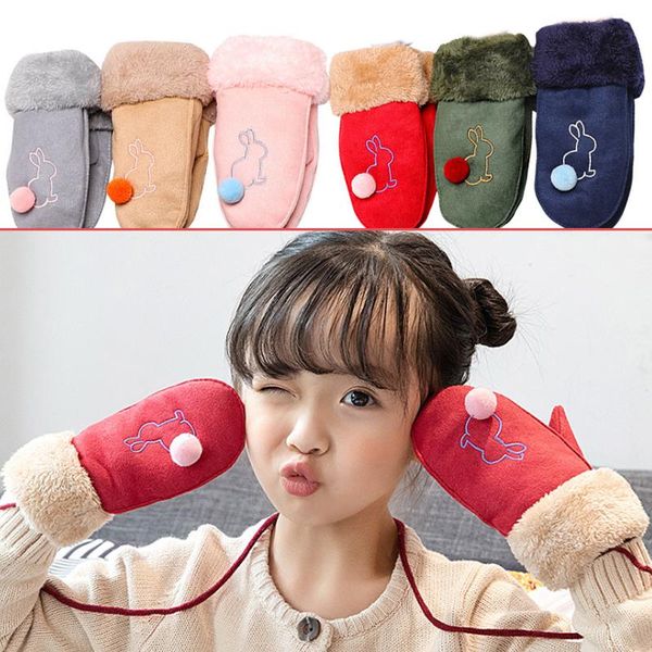 

fingerless gloves korean version baby mittens embroidery lovely suede child keep warm hairball cartoon 1pair, Blue;gray