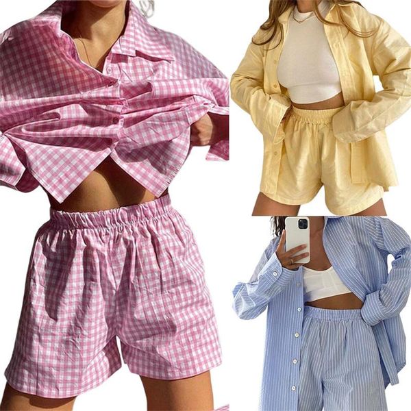 

women's tracksuits thorn tree 2021 women 2 pieces set female striped plaid turn-down collar long sleeve shirts high waist short pants, Gray