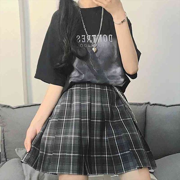 

[two-piece suit] girly handsome cool style dark cloud small lightning print t-shirt pleated skirt suit single piece, Black