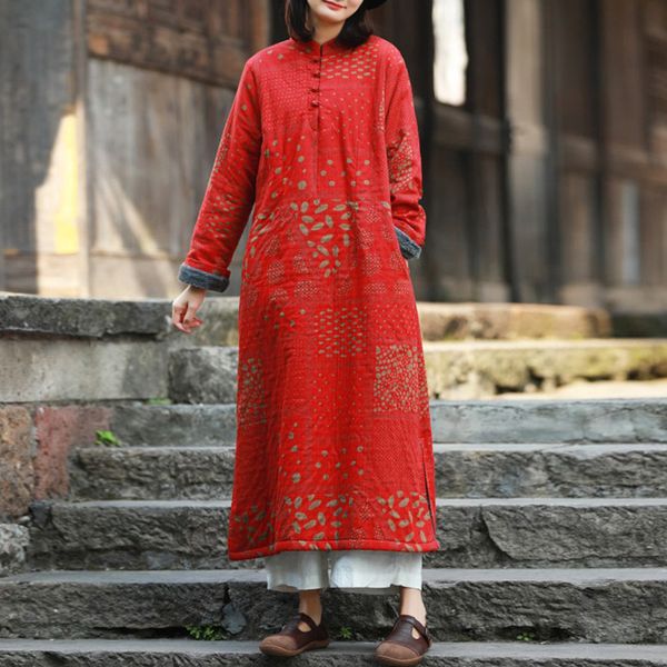 

johnature linen print floral dress for women warm robes winter long sleeve fleece women stand a-line dress 210521, Black;gray