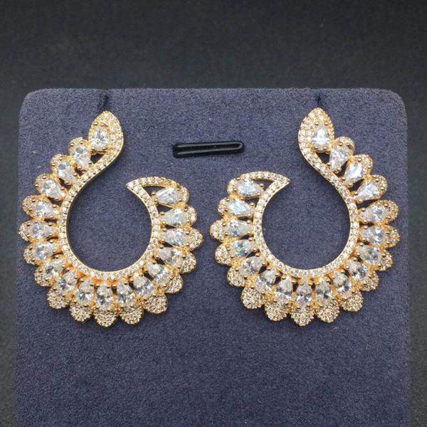 

stud curved c shaped design couture celebrity cubic zirconia stone elegant stunning earrings for women wedding accessories, Golden;silver