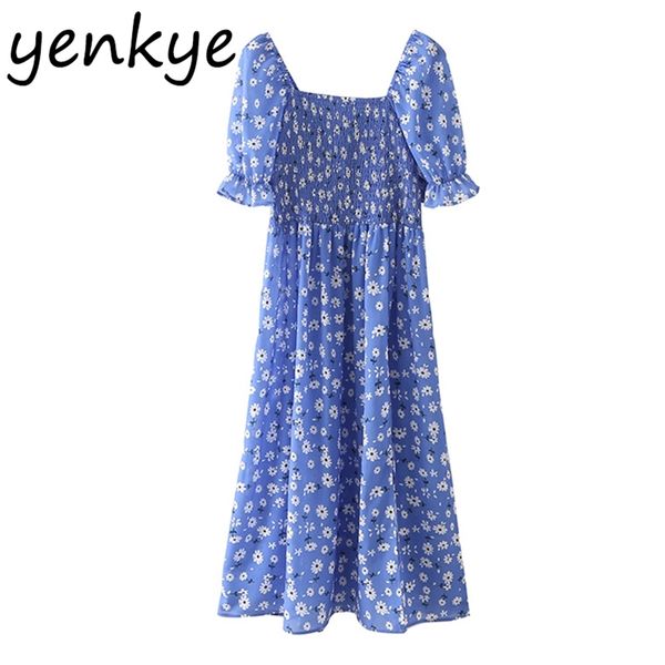 

elegant ladies blue floral print dress women slits short sleeve summer vestido female holiday casual midi 210514, Black;gray