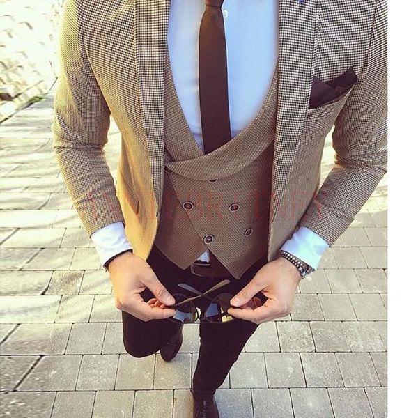 

casual houndstooth men's suit 3 piece tailored slim fit male blazer pants set for men fashion double breasted vest suits & blazers, White;black