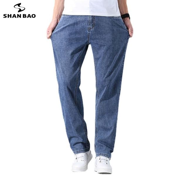 

men's jeans shan bao 2021 summer and autumn high-quality cotton stretch straight loose denim young plus size thin, Blue