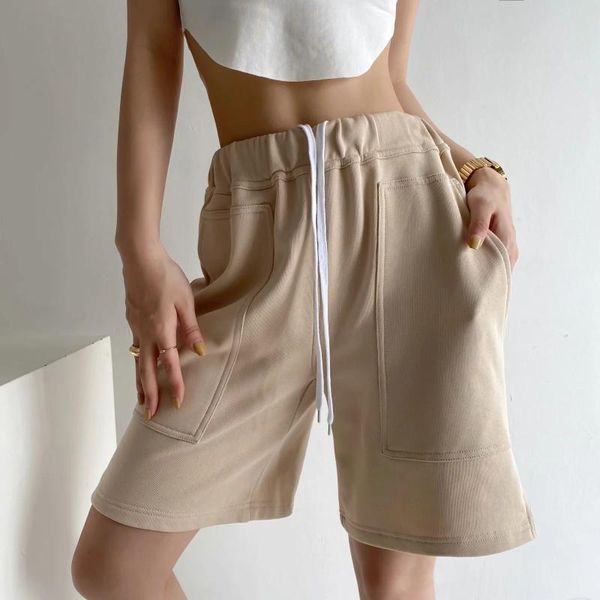 

women's shorts pinkou women basic casual solid elastic band drawstring tie pockets white black knee length pantalones cortos sa14