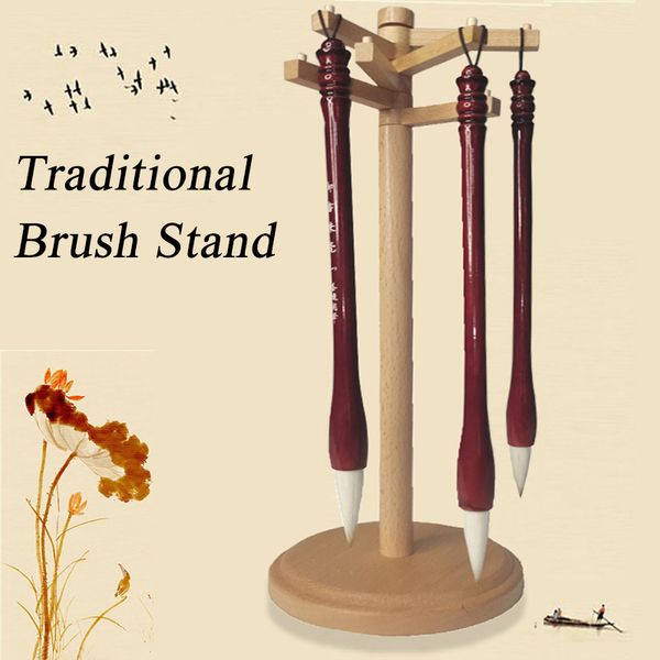 

6 hooks chinese calligraphy brush holder wood brush stand traditional pen holder adjustable writing rack painting supplies