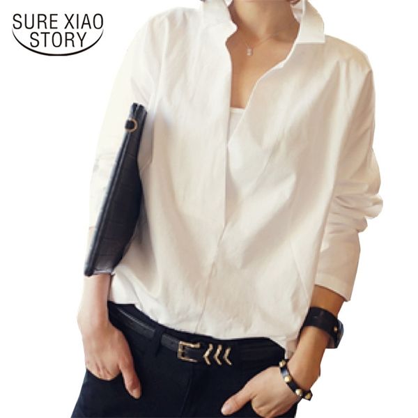 Bahar Kore Tarzı Kadın Gömlek Seksi V Yaka Beyaz Bluz Uzun Kollu Dantel Şifon Gevşek Artı Boyutu 5XL Rahat Tops D240 30 210506