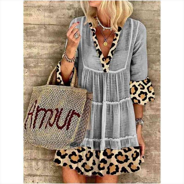 

womens fashion leopard stitching mid-sleeved v-neck short dresses woman sundresses summer printing halterneck dress female, Black;gray